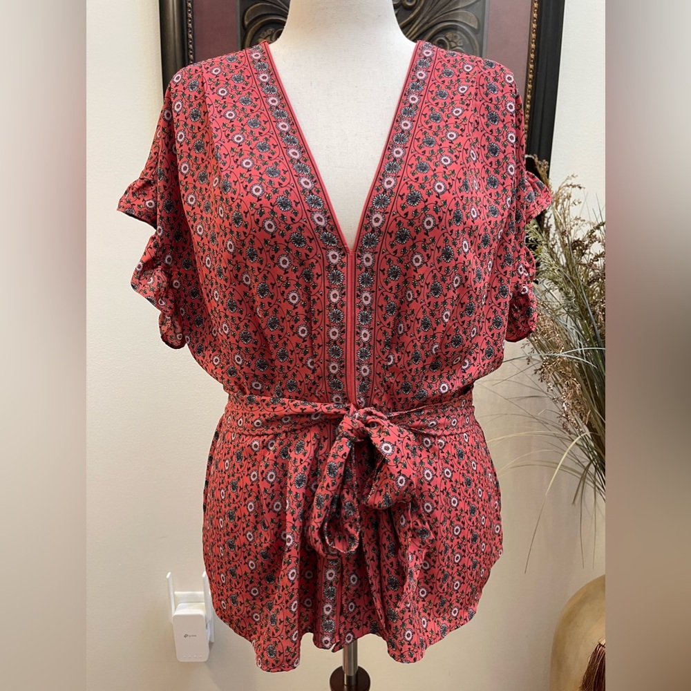 Max Studio Women's Dark Pink Top Floral Printed Ruffle Sleeve Tie-Waist Blouse